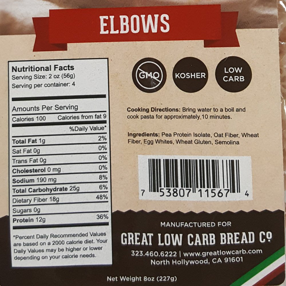 Low Carb Pasta, Great Low Carb Bread Company, 8 oz. (Elbows) (Original Version)